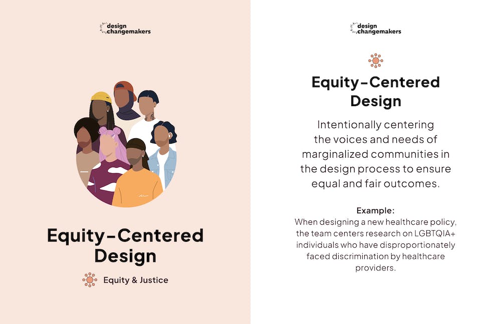 Two cards side-by-side with definitions and examples of equity-centered design