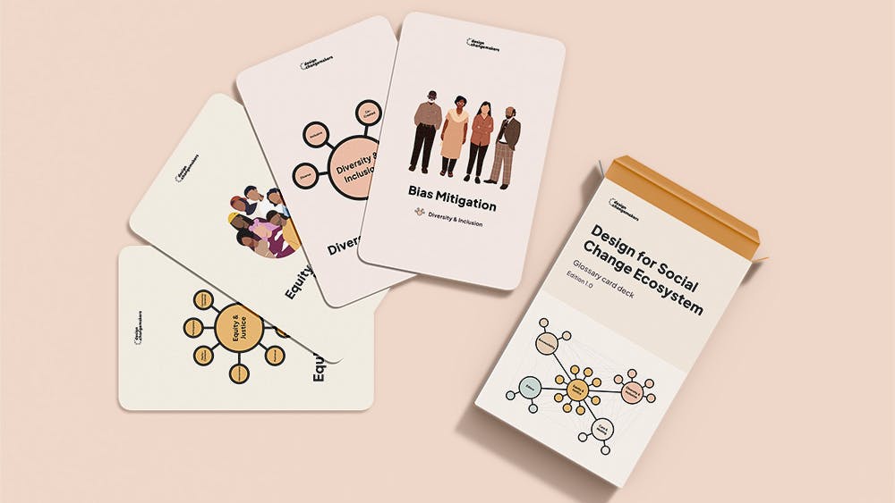 Glossary card deck for the Design for Social Change Ecosystem with 4 sample cards