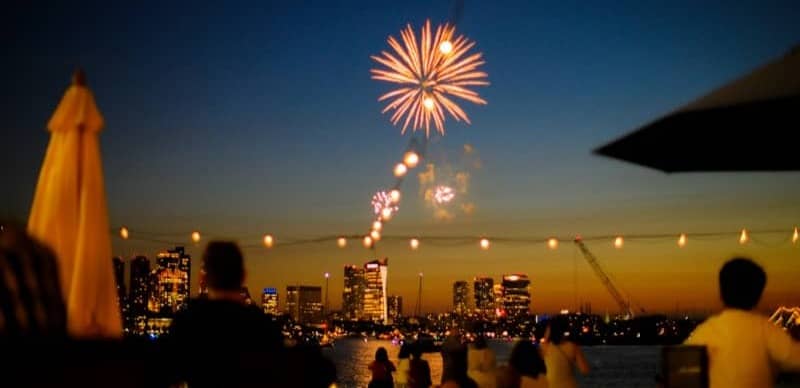 Fireworks light up the sky above a city.