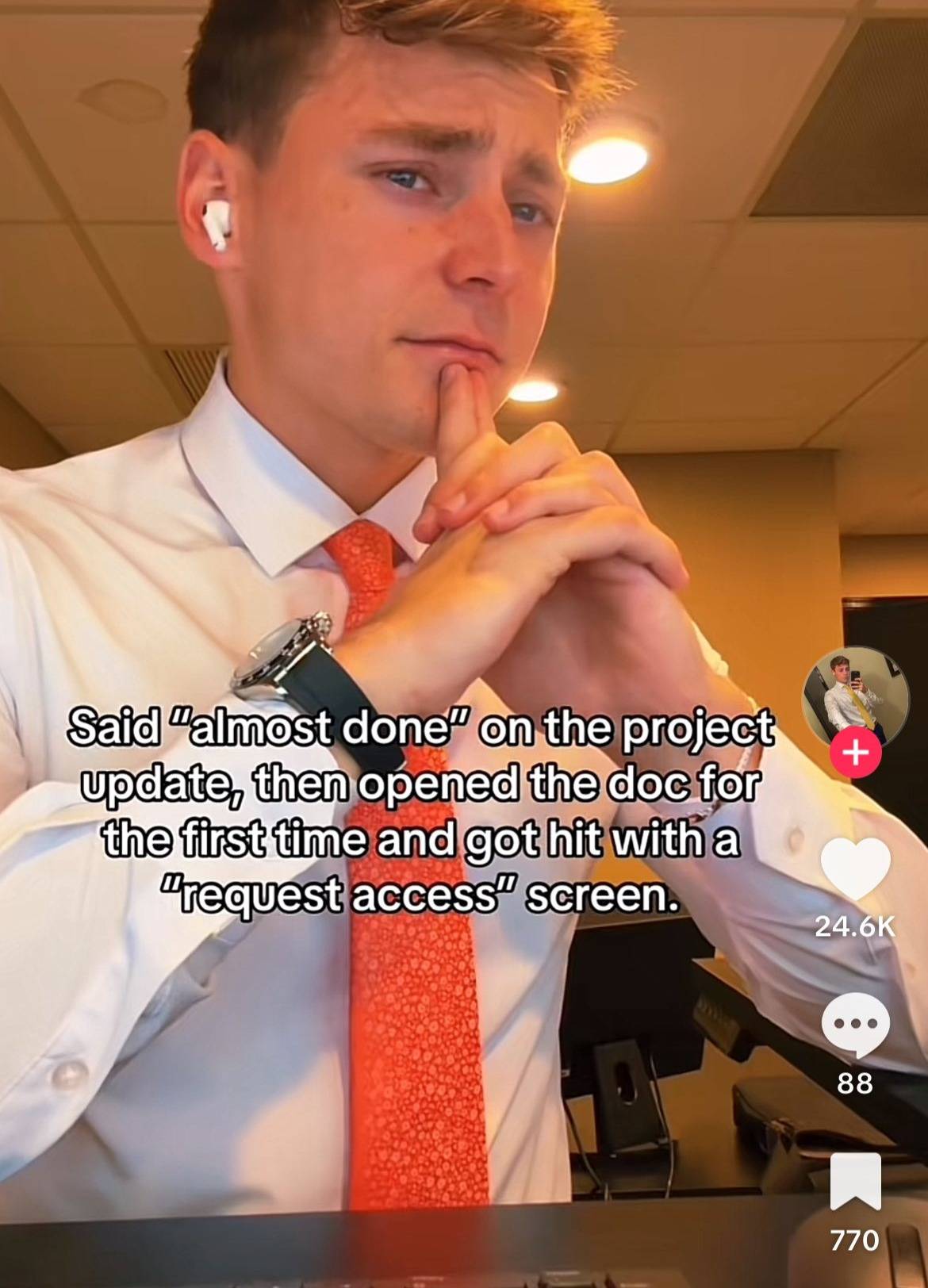 A man in a white shirt and red tie sits at a desk with a keyboard, hands clasped thoughtfully. White earbuds are visible in his ears. A TikTok watermark is present in the bottom right corner.