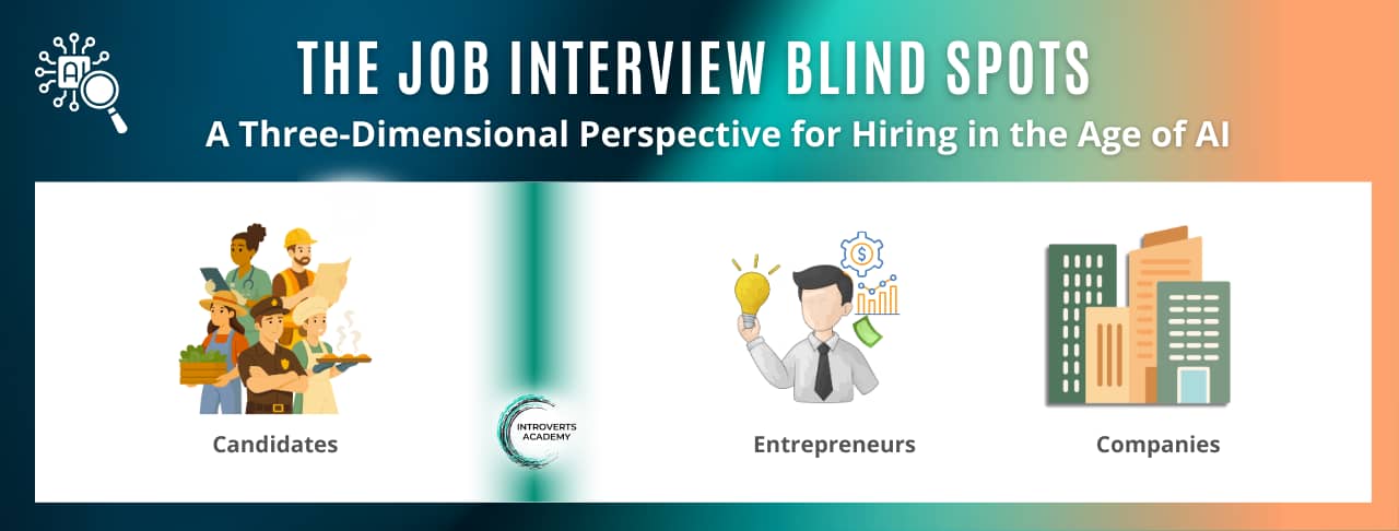 cover image for the blog article "The Job Interview Blind Spots: A Three-Dimensional Perspective for Hiring in the Age of AI." with images representing candidates, entrepreneurs, and companies
