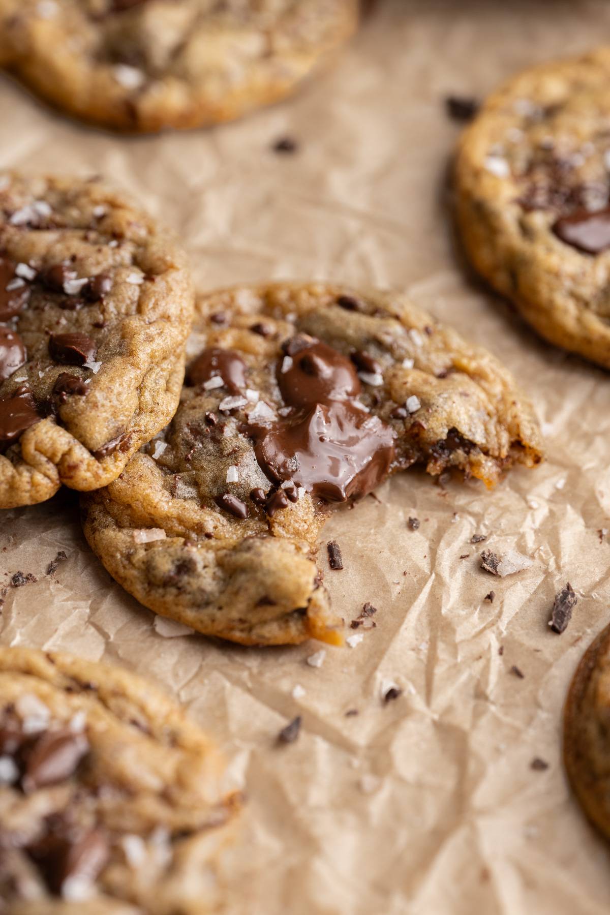 vegan banana chocolate chip cookies with a bite taken out.