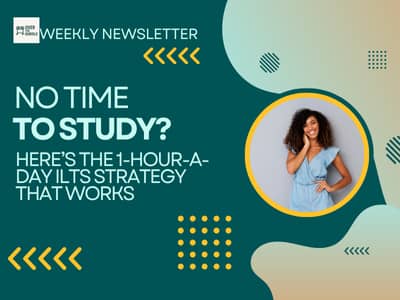 Image with bold heading: “Too Busy to Study?” and subheading: “Prep for the ILTS in under 1 hour a day.” Visual shows a busy teacher or parent multitasking with a planner and study materials. Highlights the newsletter’s tips on using AI for quick wins, wi