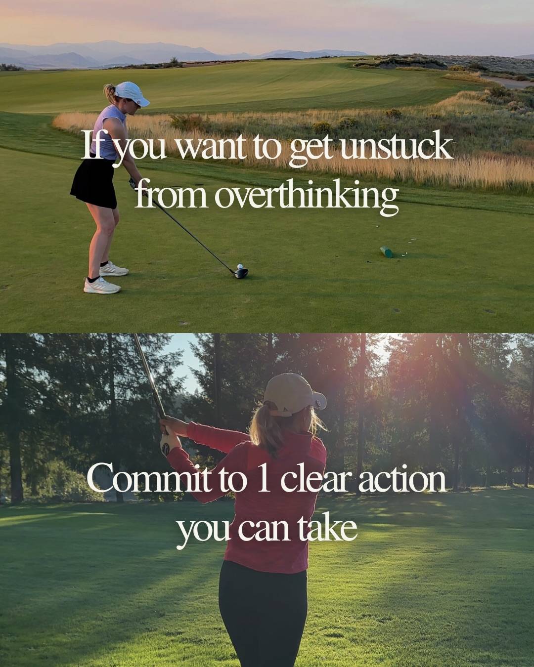 Golf mental skills are built through repeated practice 

Start small, stay curious, and experiment to see what feels most helpful for you 

Overthinking? ➡️ Select 1 action you can take right now  that moves you toward where you want to go and commit to it 

Spiraling? ➡️ Notice and name (I notice I’m starting to spiral). What would hehe most helpful to focus on now?

Mental time travel? ➡️ Catch when your mind starts to wander. Without judgement, bring your attention back to where you want it to be 

Not trusting your swing? ➡️ Say yes to the scary. Put yourself in pressure situations with opportunities to fail. Commit to the shots you choose and show yourself you can handle whatever comes. Look for reasons you can trust yourself 

Not enjoying the game? ➡️ Practice gratitude and connect to what you love about golf 

No confidence? ➡️ Train your brain to notice what you do well, not just the mistakes you made or what you could have done better 

⛳️🧠🫶🏻

P.s. I’m a former D1 golfer with a master’s degree in sport psychology. Follow for more golf psychology, mental game tips, and relatable golf struggles