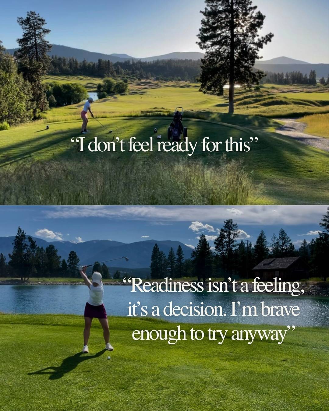For so long I let my thoughts push me around 

I wasn’t ready…

I didn’t felt confident enough…

I needed more experience…

Maybe it just wasn’t meant for me…

I’ll never catch up, everyone else is luckier, has been doing this longer, or just picks it up quicker…

But as I waited around for certainty of safety and success that would never come, I kept myself from the very experiences that would help me build evidence and see that I could take action and be okay

And from seeing that failure is the price of meaningful growth and mistakes are how you learn 

You can want things to be perfect and be willing to make mistakes and you can feel fear and go for it anyway 

What actions would the version of you that you strive to be take? 

⛳️🧠🫶🏻

P.s. I’m Alyssa, a former D1 golfer with a masters degree in sport psychology sharing what I wish I learned sooner about the mental game and helping golfers go from stuck to free, believe in themselves, trust their game, and play with joy. I’m so grateful you’re here 🙏🏻