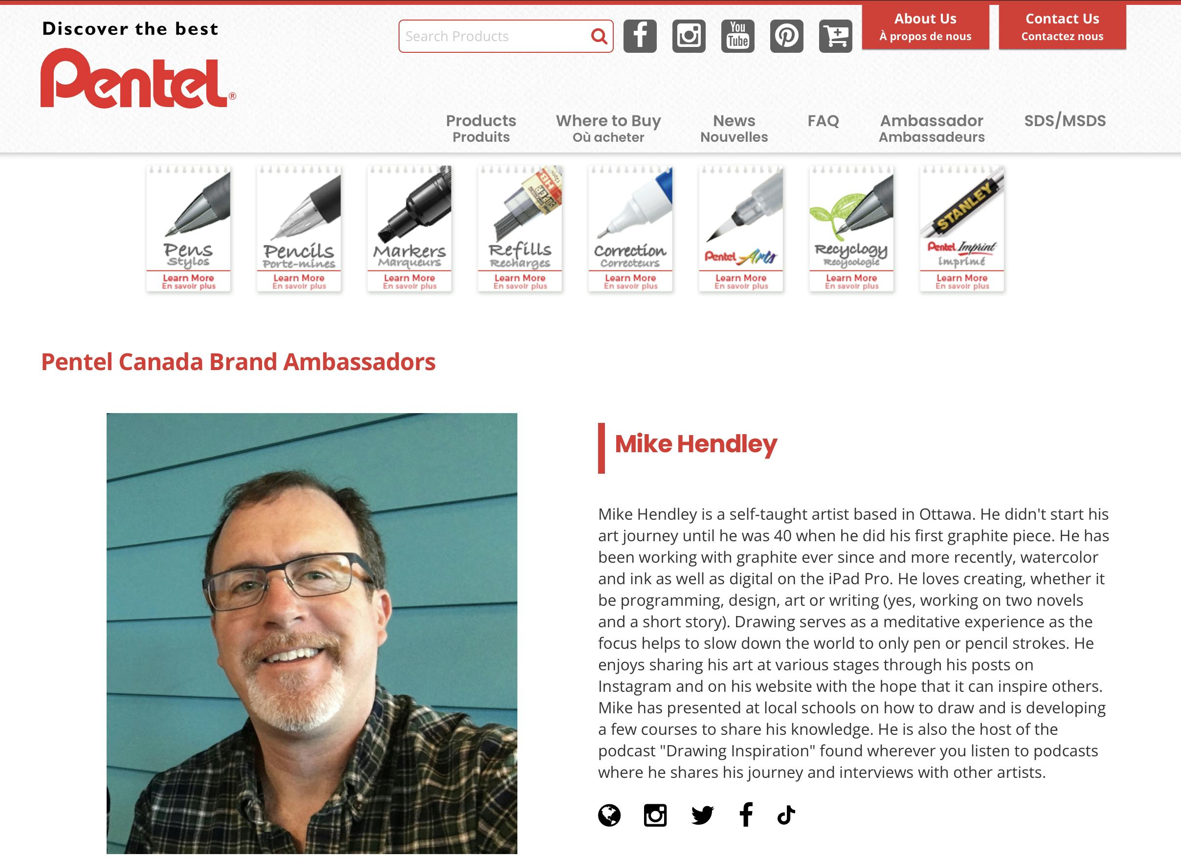 Mike’s Ambassador page on Pentel Canada