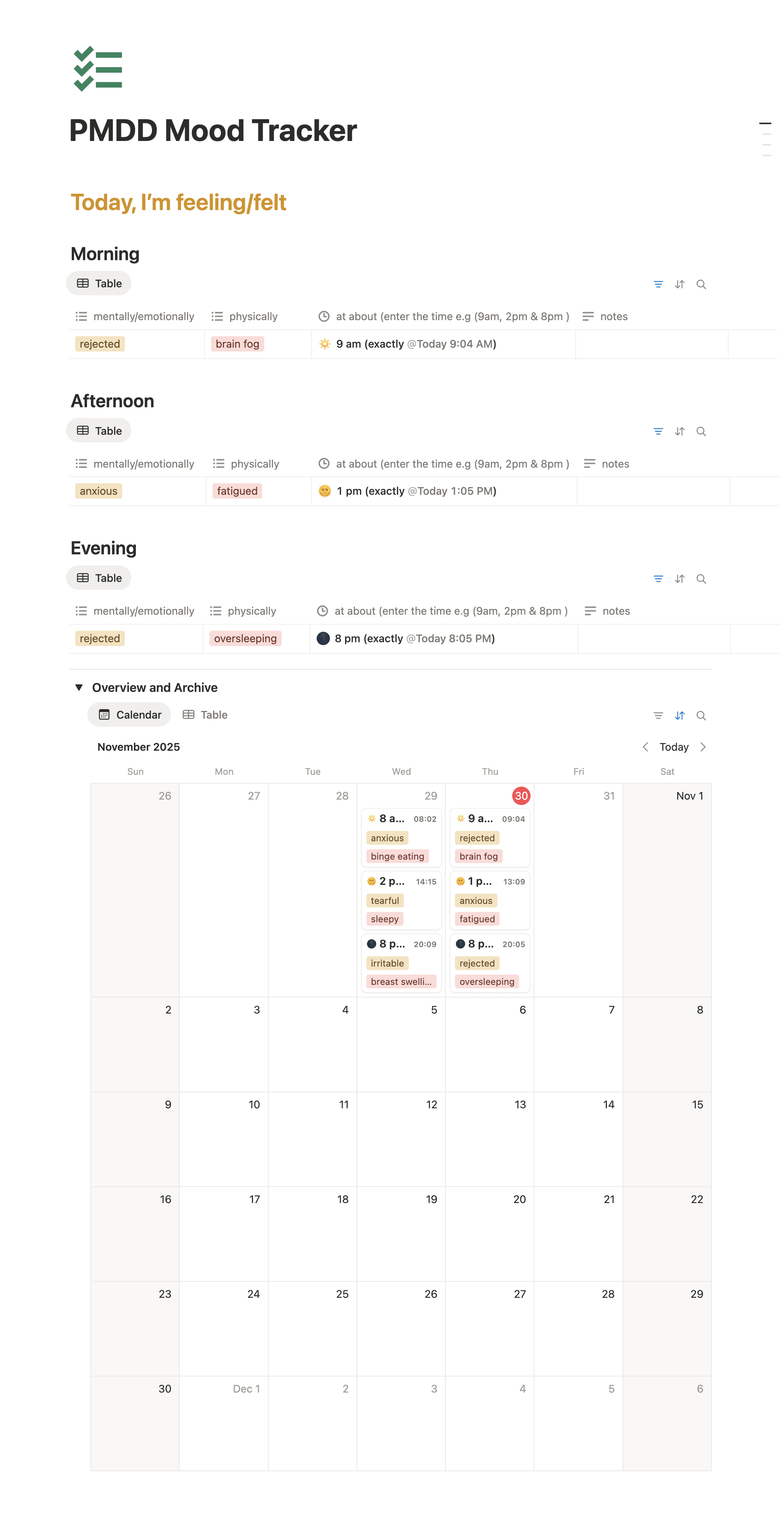 Notion PMDD Mood Diary/PRISM Calendar Licence