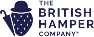 Logo of the British Hamper company with a strawberry wearing a bowler hat and carrying an umbrella.