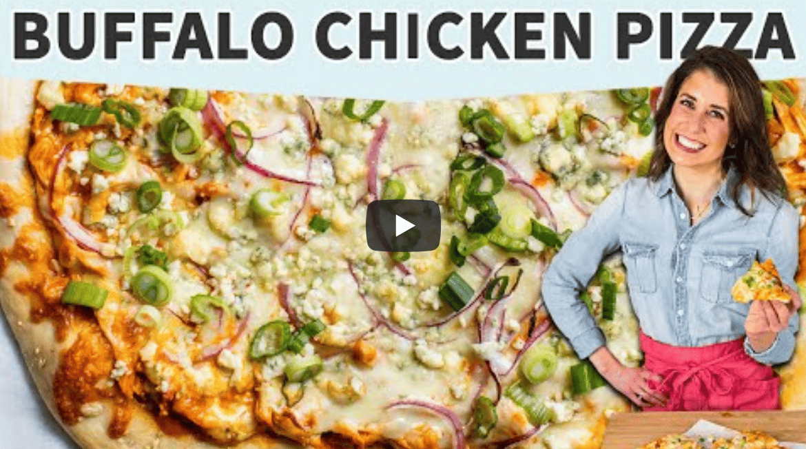 buffalo chicken pizza and a woman holding a slice