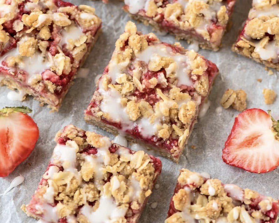 Strawberry oatmeal bars cut into squares