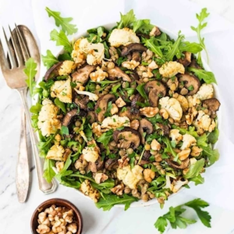 Lentil Salad with Roasted Cauliflower and Mushrooms