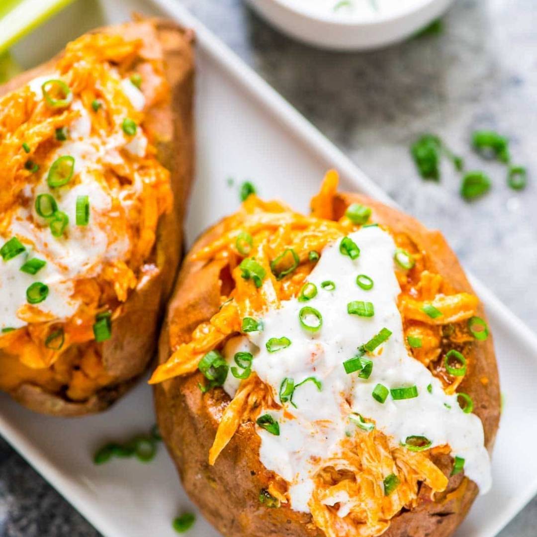 Healthy Slow Cooker Buffalo Chicken Sweet Potatoes