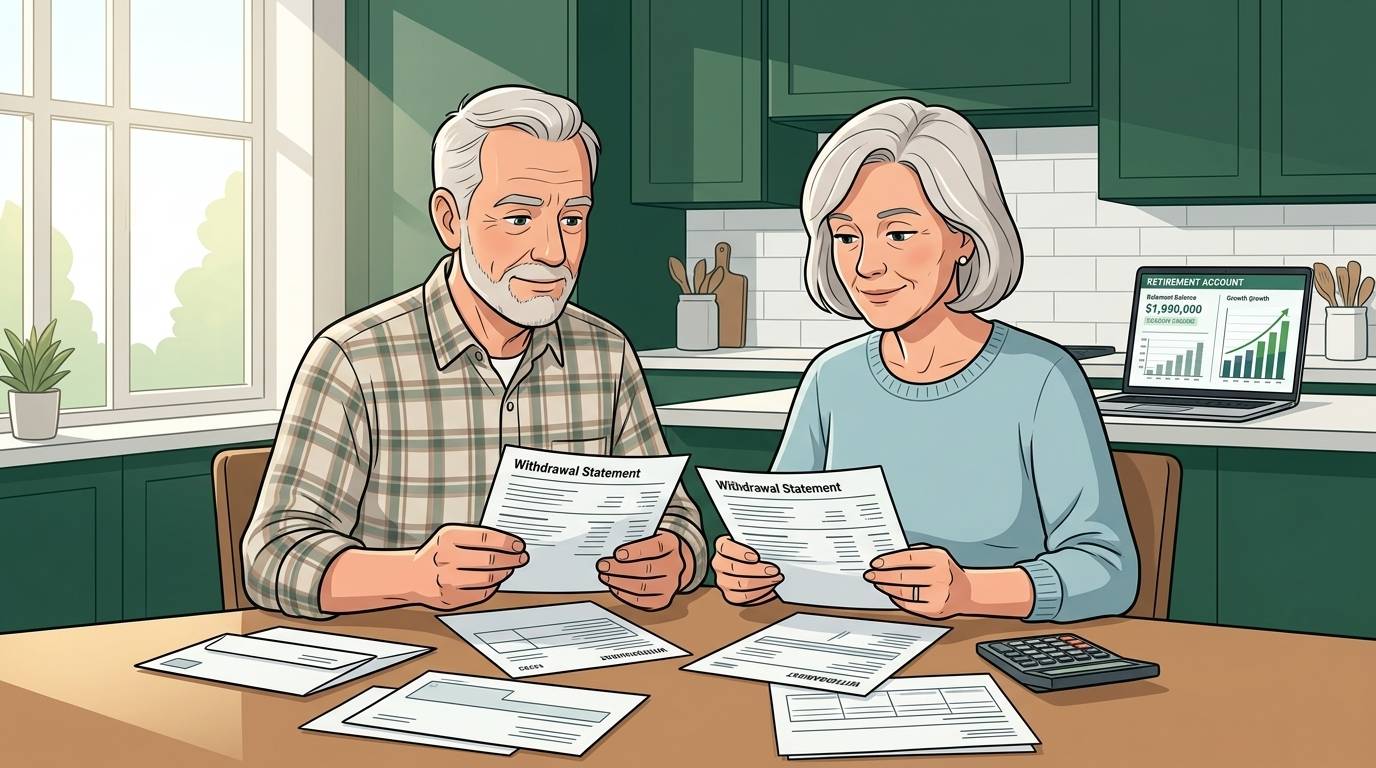 A retired American couple reviewing their retirement  account withdrawal strategy at home  — The Compound View