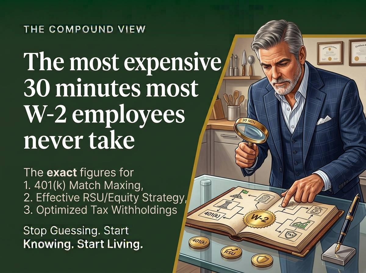 A W-2 employee reviewing their employer benefits  package on a laptop — The Compound View