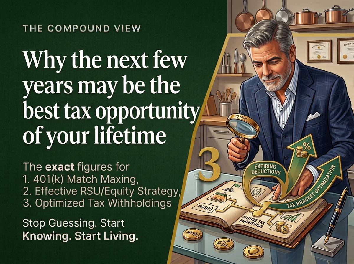 An American professional reviewing tax planning  documents and retirement statements — The Compound View