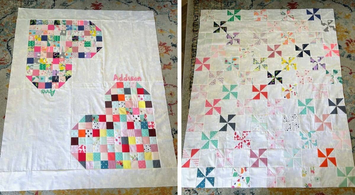 Two quilts. One with two hearts and the other pinwheels