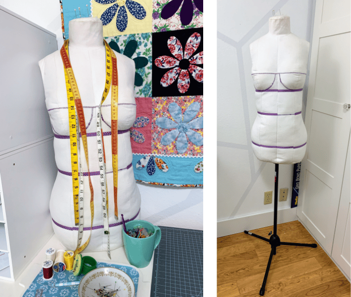 On the left, a dress form sitting on a table with tape measures around its neck. On the right, a dressform on a stand.
