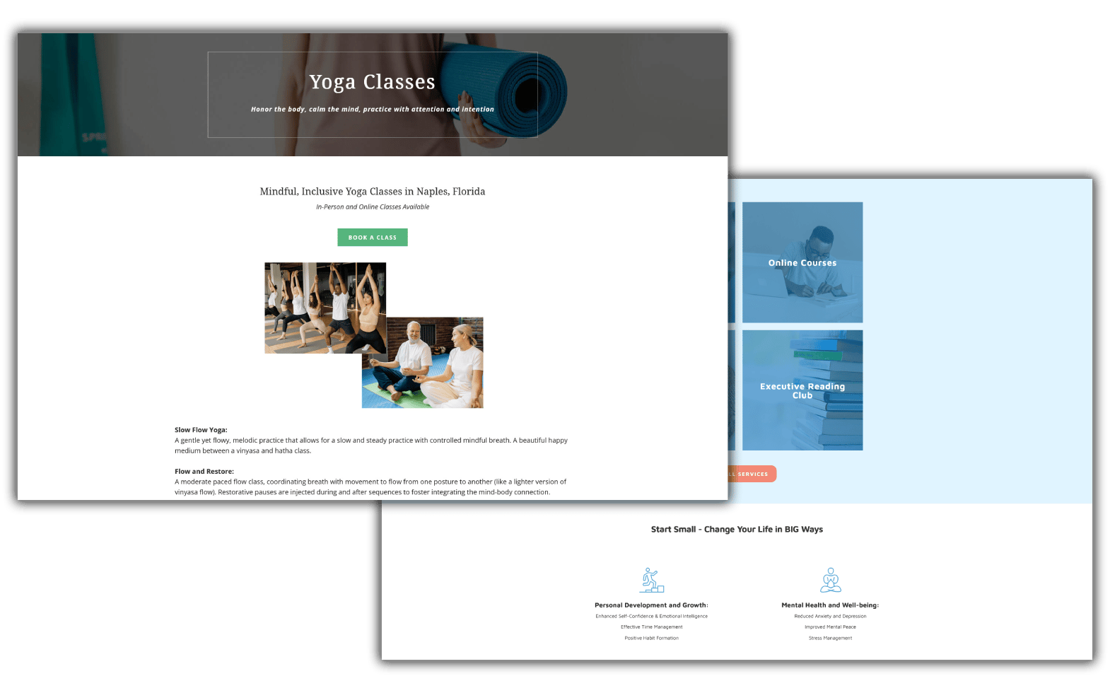 Sample of yoga website design and therapist website design.