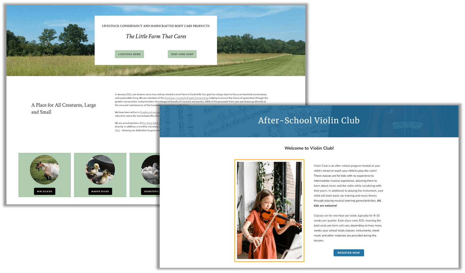 a website for goat farm and a website for violin lessons