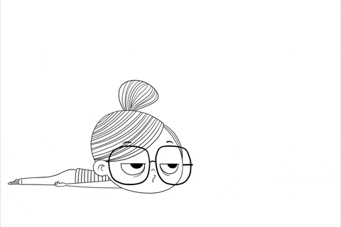 Animated black-and-white GIF of a cartoon girl with glasses lying face-down and barely moving, eyes half open in exhaustion. The repetitive blinking and minimal motion humorously capture the feeling of being always tired, often experienced with chronic fa