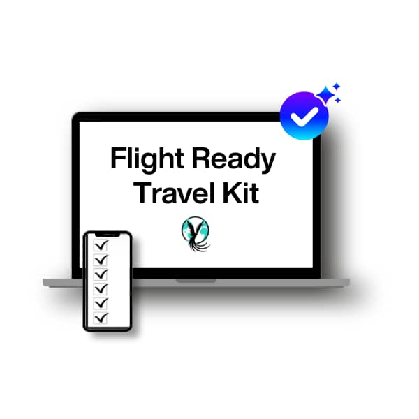 Laptop mockup displaying “Flight Ready Travel Kit” digital product by Phoenyx Travels with a checklist icon and verified badge.