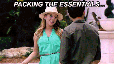 Animated GIF of a woman in a green dress and sun hat cheerfully talking to a man while the text “PACKING THE ESSENTIALS…” appears across the top. She flips her hair and smiles dramatically as if showing off what she packed.