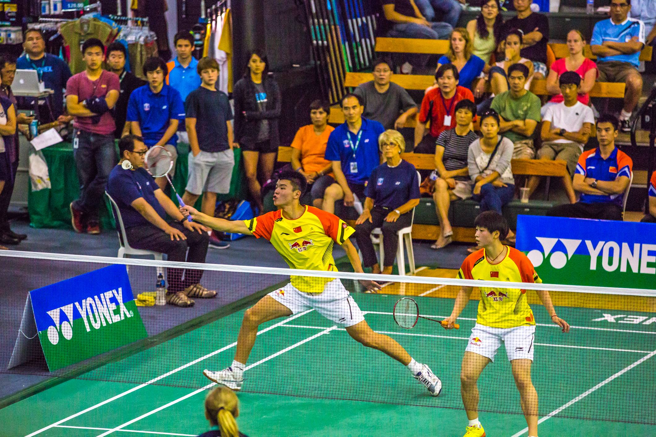 Badminton game in action