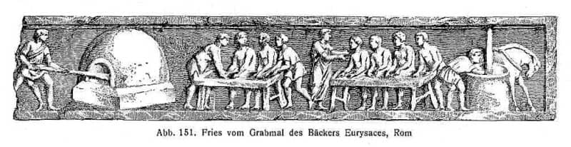 A scan of a stone carving dated ~100 B.C.E. showing an ancient Roman bakery. 