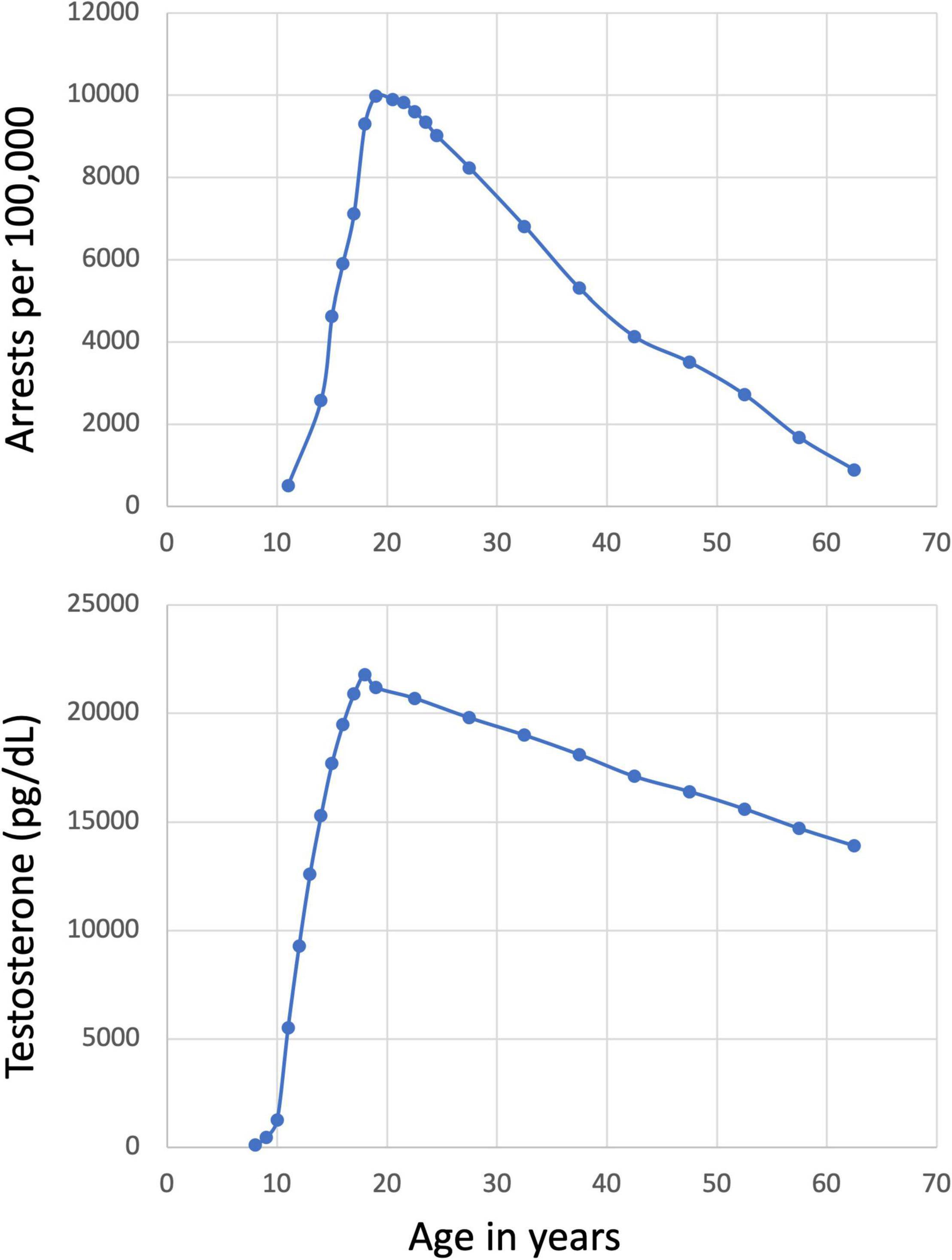 Charts showing how arrest rates and testosterone levels in males by age are highly correlated.
