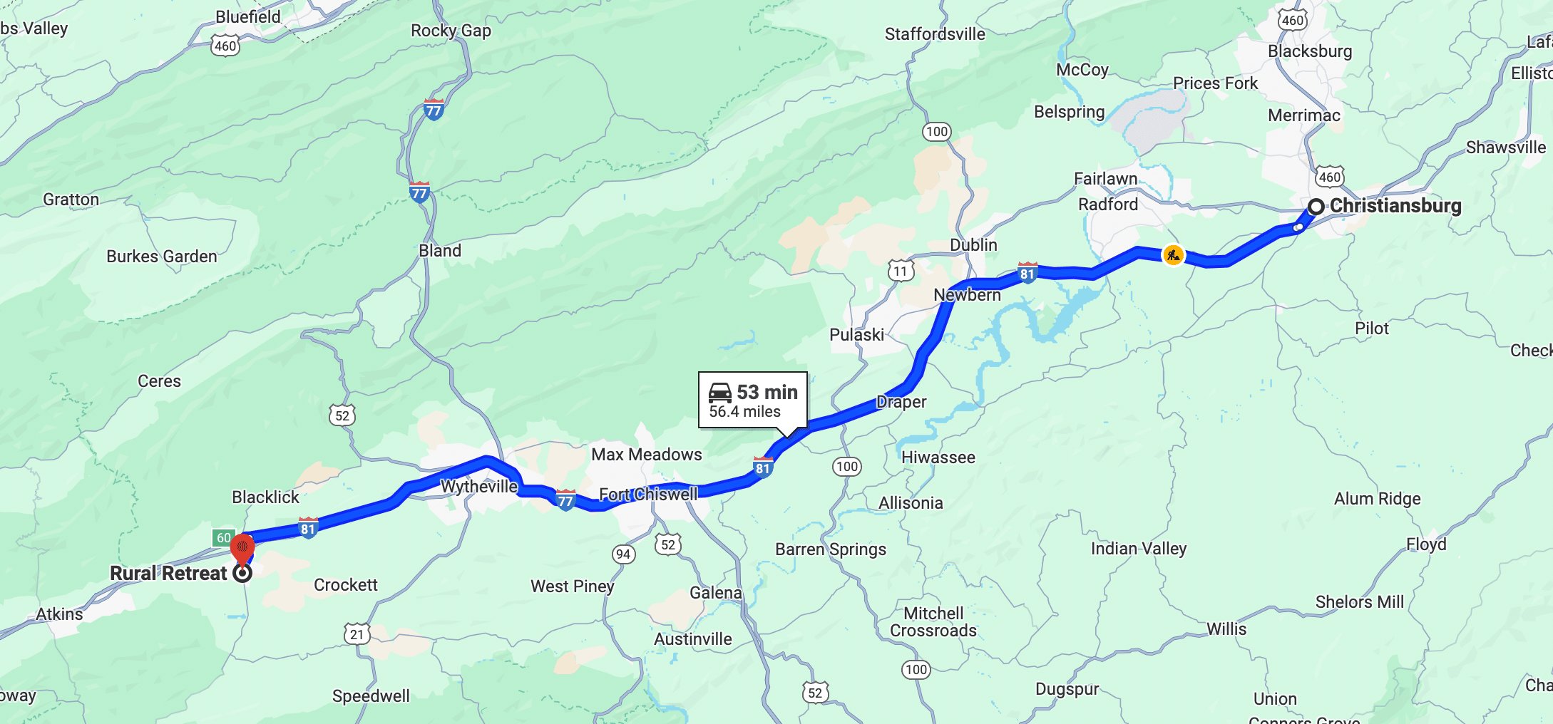 Screenshot from Google Maps showing how far away Christiansburg is from Rural Retreat