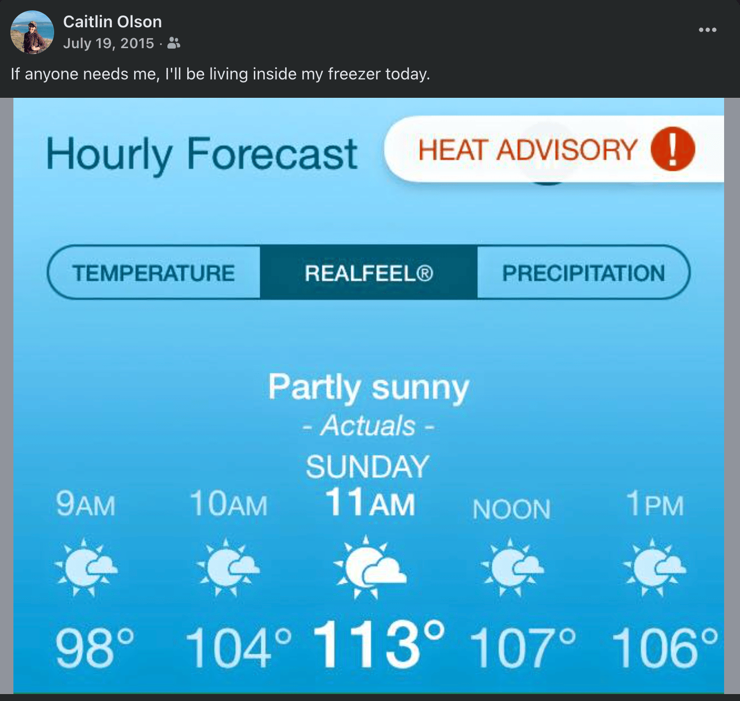 Screenshot of a Facebook post with a screenshot of the hourly replit forecast with a heat advisory showing 113°F. The caption reads: If anyone needs me, I'll be living inside my freezer today.