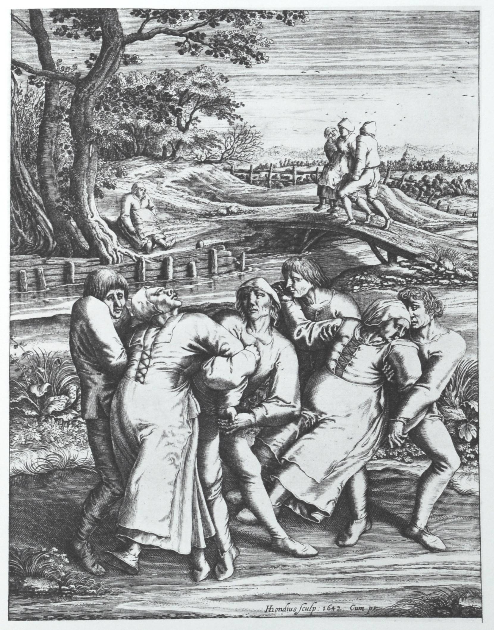 Engraving by Hendrik Hondius portraying three people affected by the plague