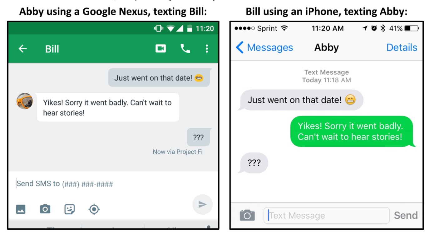Screenshot example of grinning face and smiling eyes emoji used across different platforms. On the left, Abby's using a Google Nexus texting bill. On the right, the same conversation but bill using an iPhone texting Abby