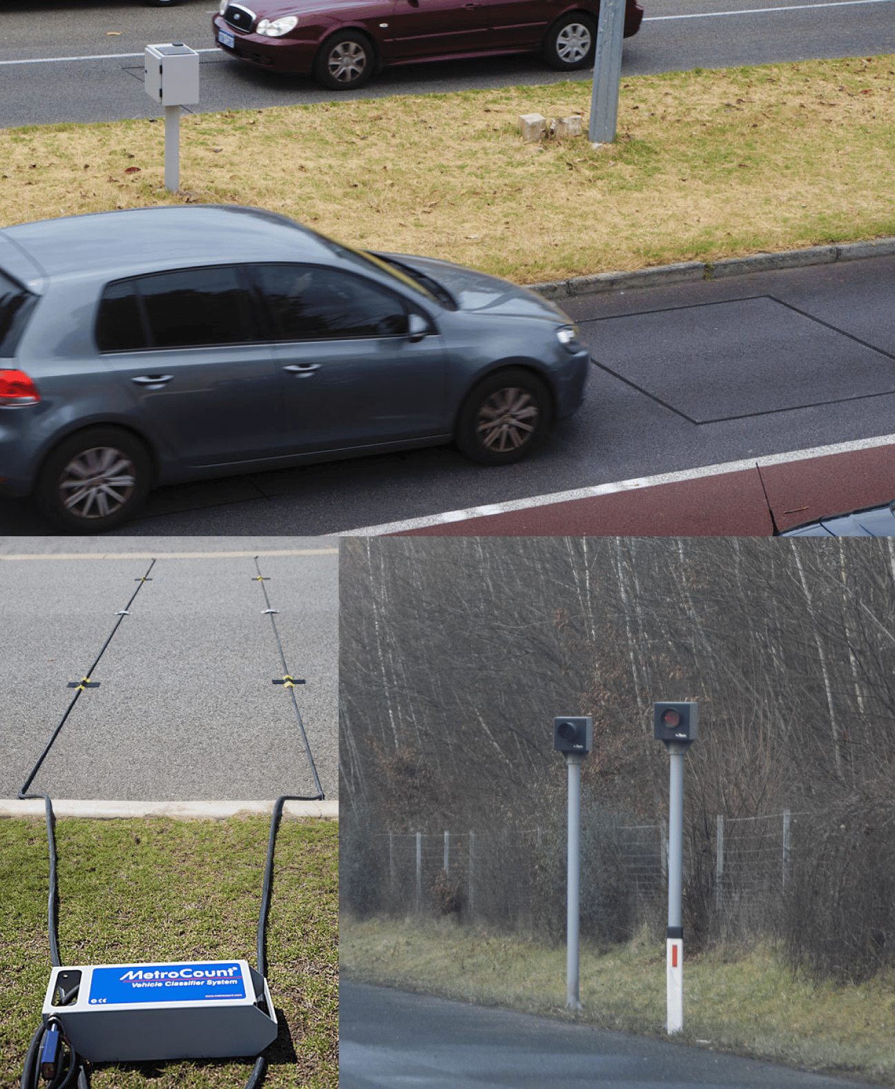 Inductive loop detector embedded in pavement top. Pneumatic road tubes left, radar detectors right. 
