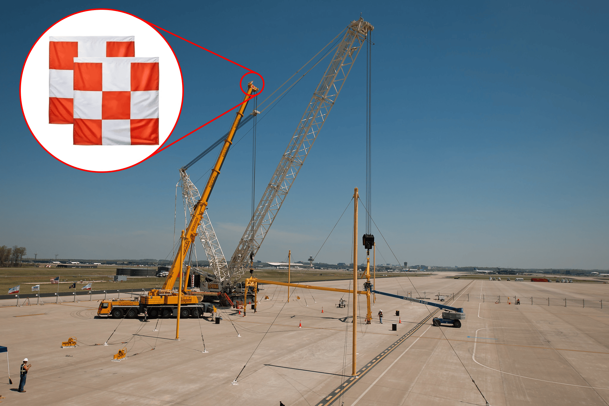 Image of a crane doing construction at an airport with a visual aid zooming in on the checkered white and orange flags flown from the top. 