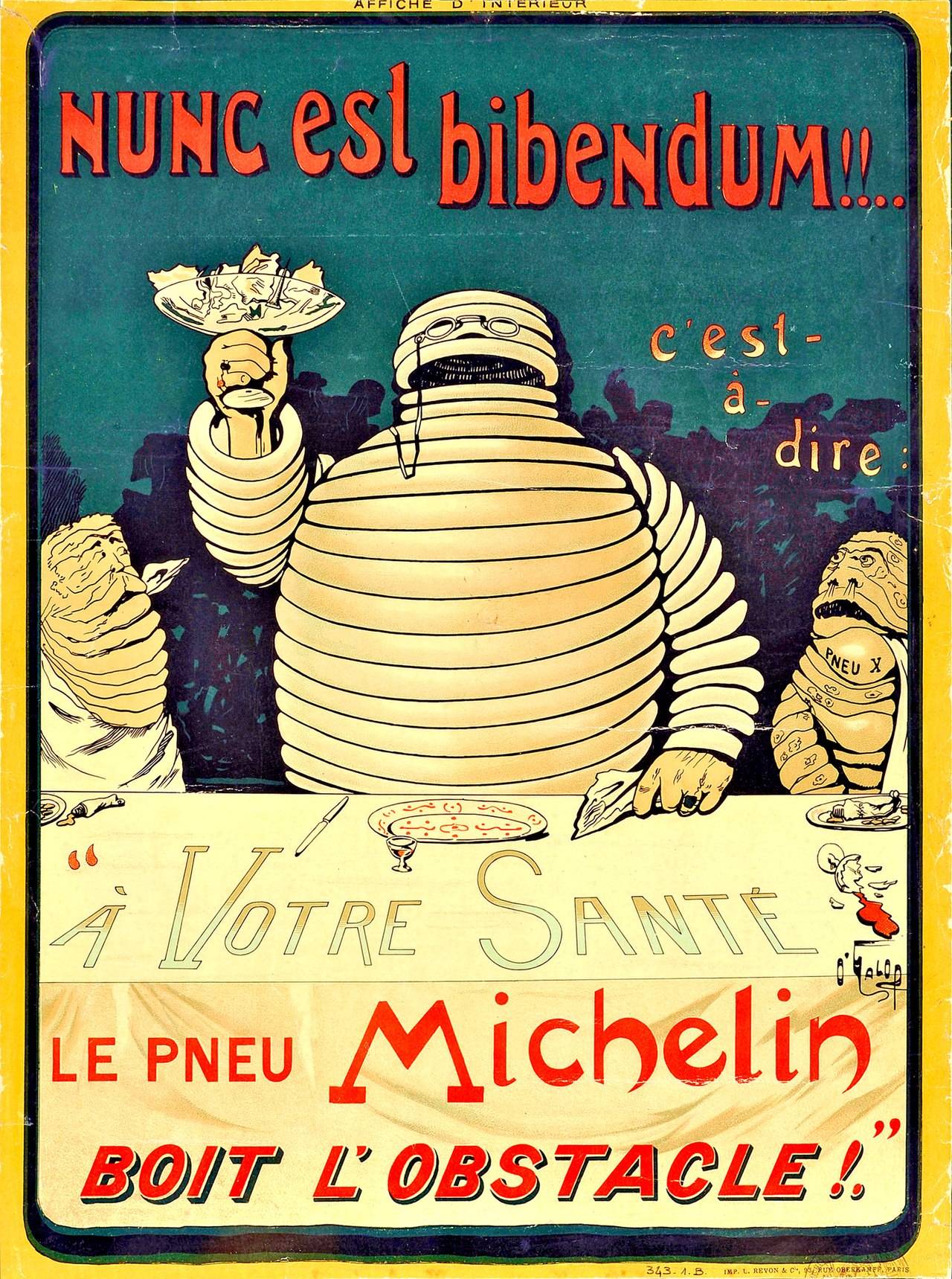 1898 poster advertisement of the Michelin man holding a fancy glass, adorned with jewelry and fancy glasses