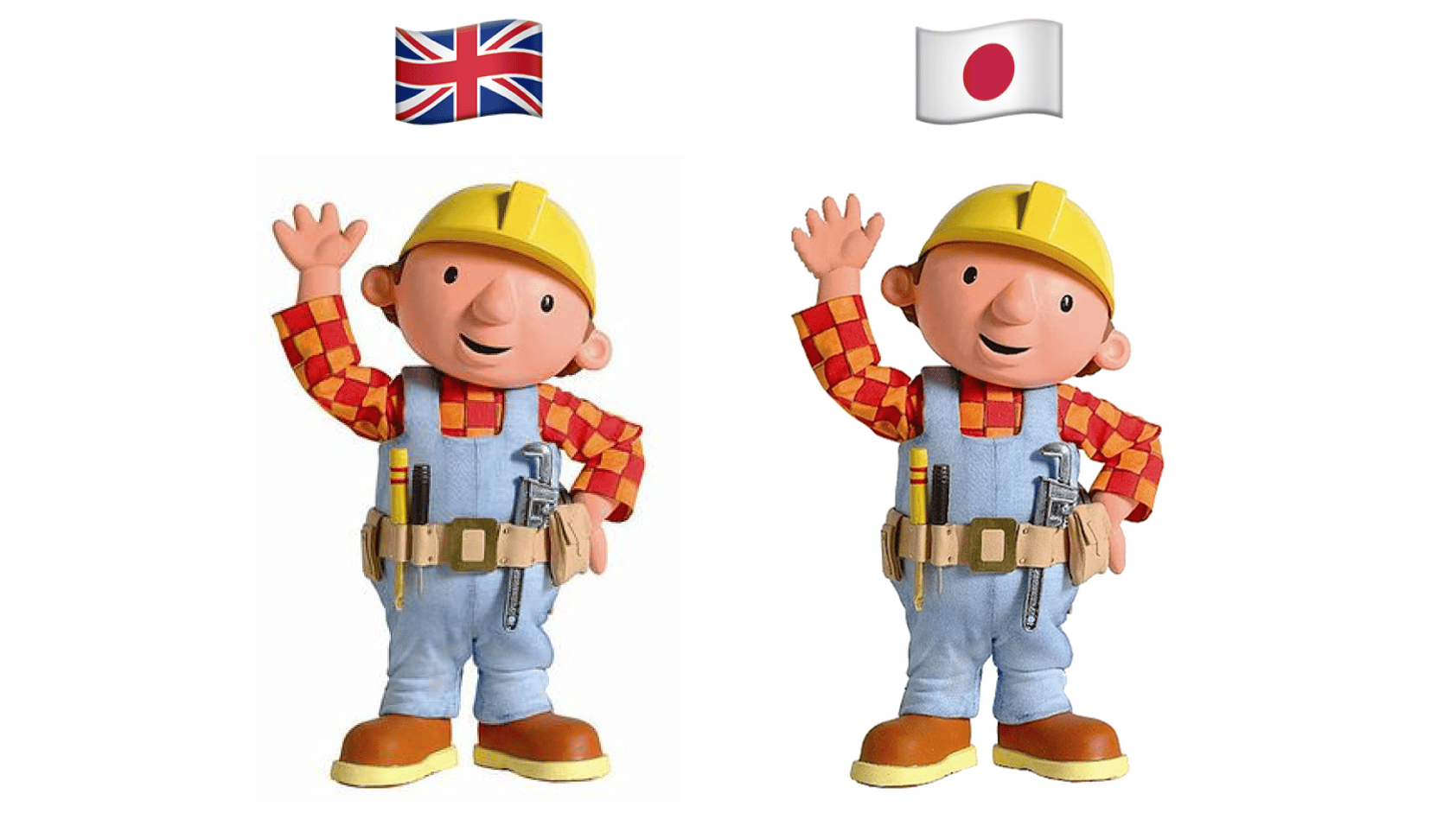 Left: UK version of Bob the Builder with four fingers. Right: Japanese version of Bob the Builder with five fingers.