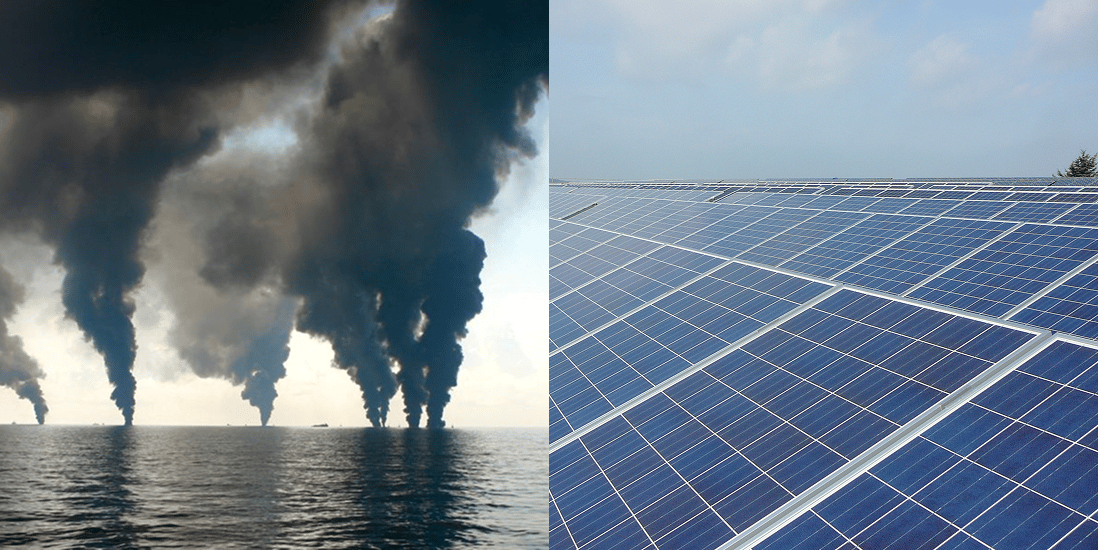 Left an oil spill, right solar panels 