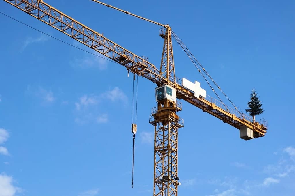 Image of a crane with a tree on top. 