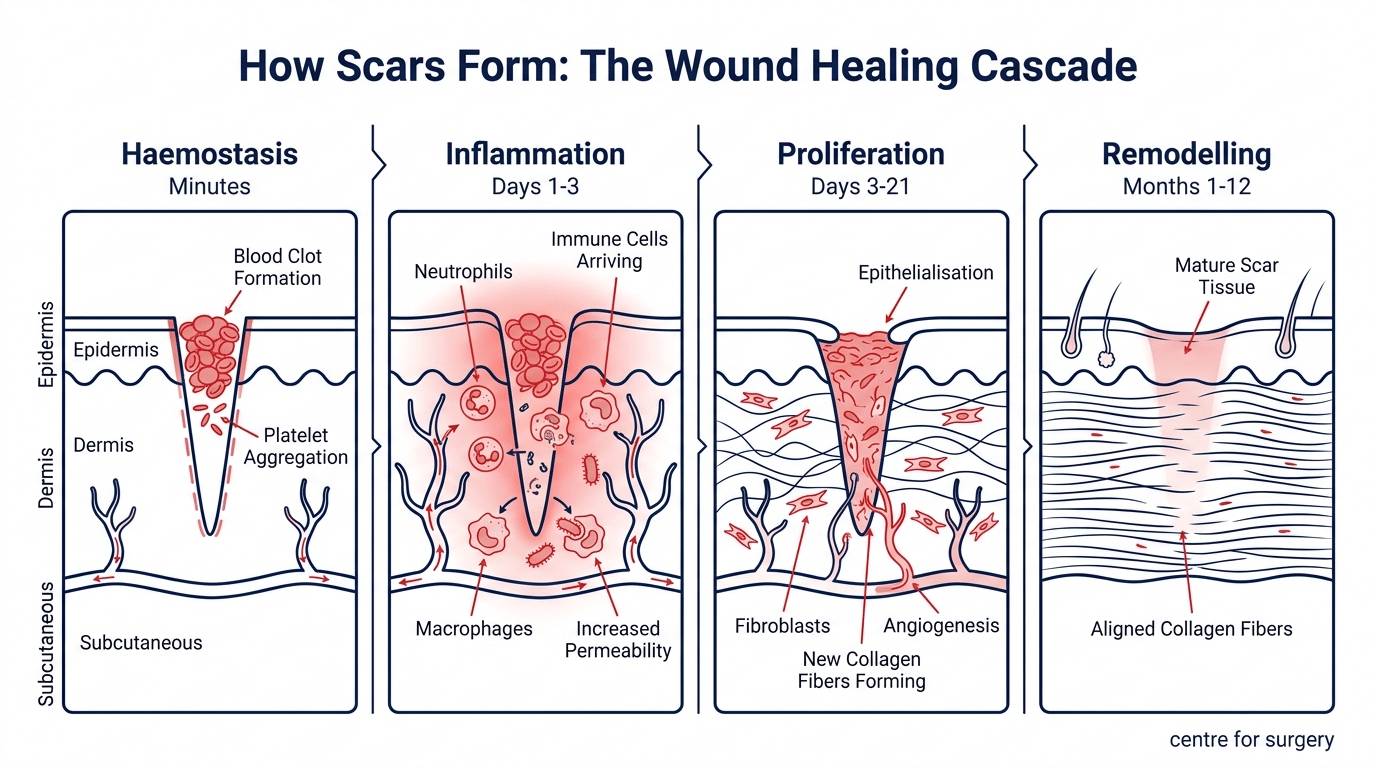 Diagram showing the phases of how scars form: 1. Hematosis 2. Inflammation 3. Proliferation 4. Remodeling