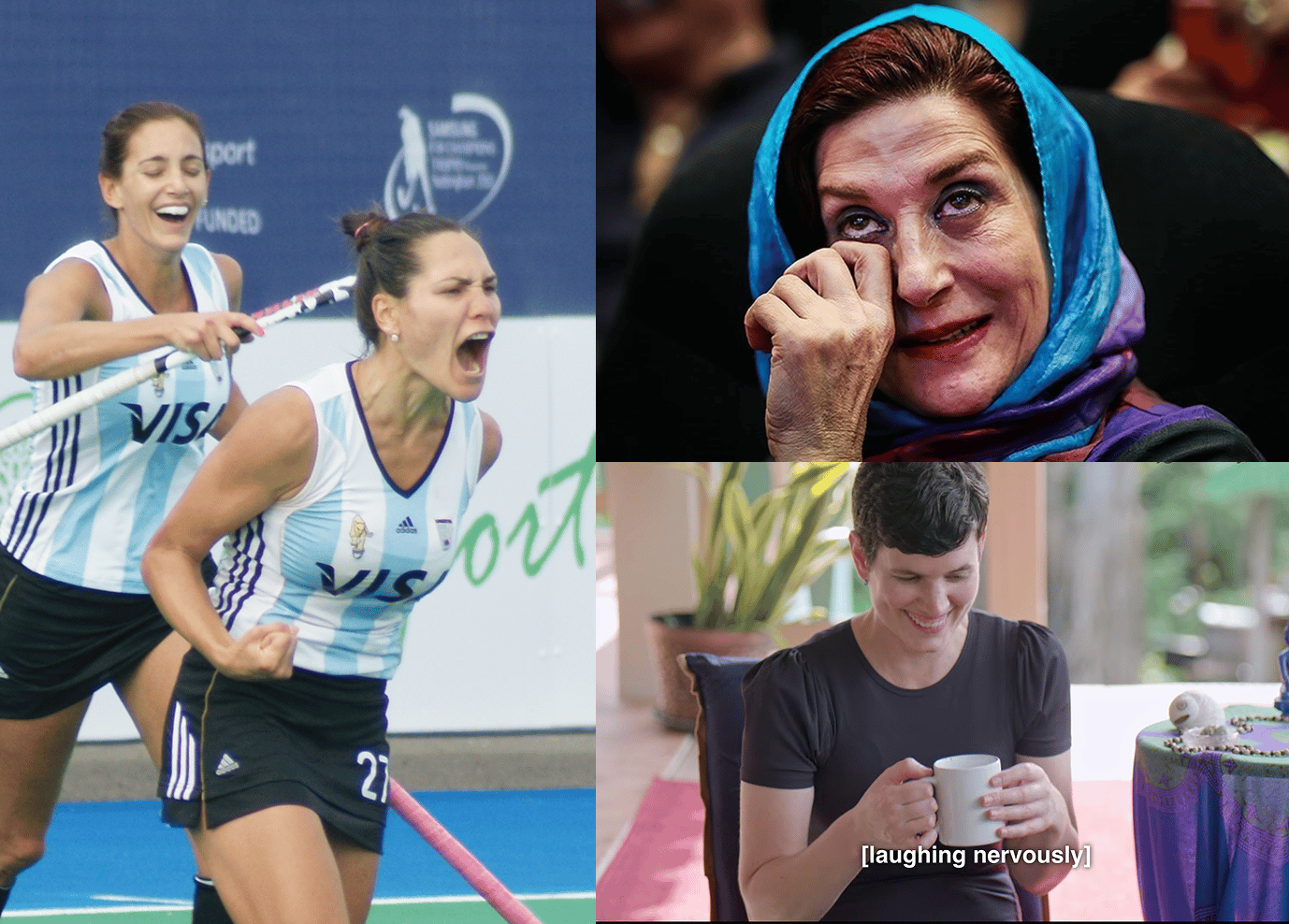 A grid of different examples of dimorphous expressions, including: - a field hockey player pumping their fist in celebration - a smiling woman crying - a laughing woman appearing nervous