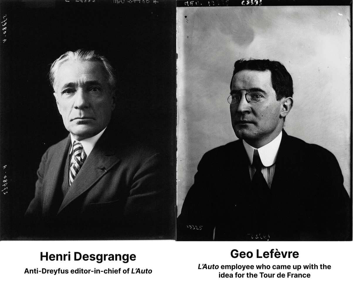 Left: Henri Desgrange, anti-Dreyfus editor-in-chief of L'Auto. Right: Geo Lefevre, L'Auto employee who came up with the idea for the Tour de France