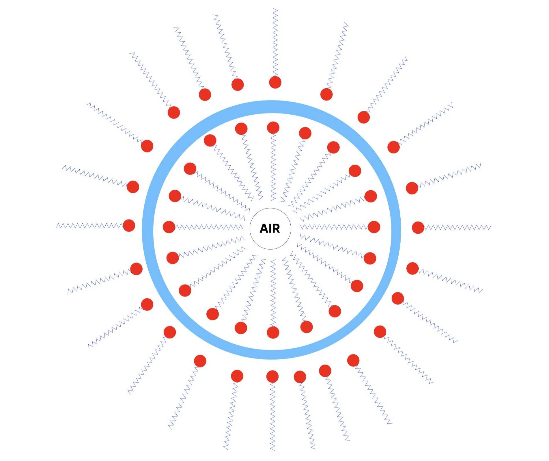 Diagram of a layer of soap, water, soap, and air. This forms a bubble.