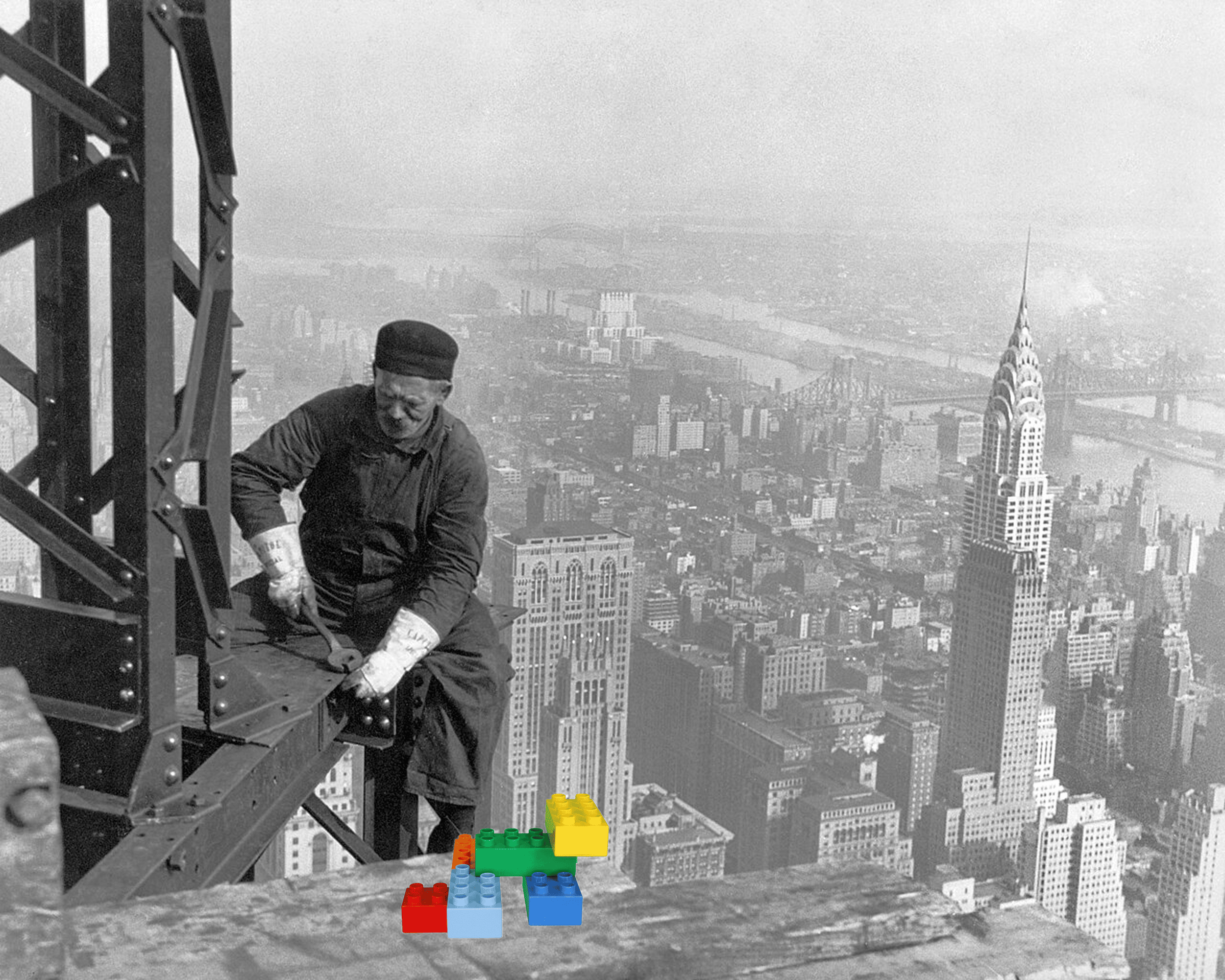 black and white image of a construction worker in the early 20th century with a picture of colored lego bricks near him