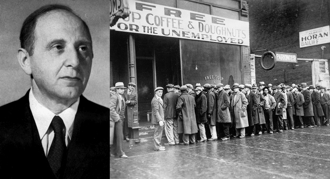 Left: Simon Kuznets, right: a line of unemployed men during the Great Depression. 