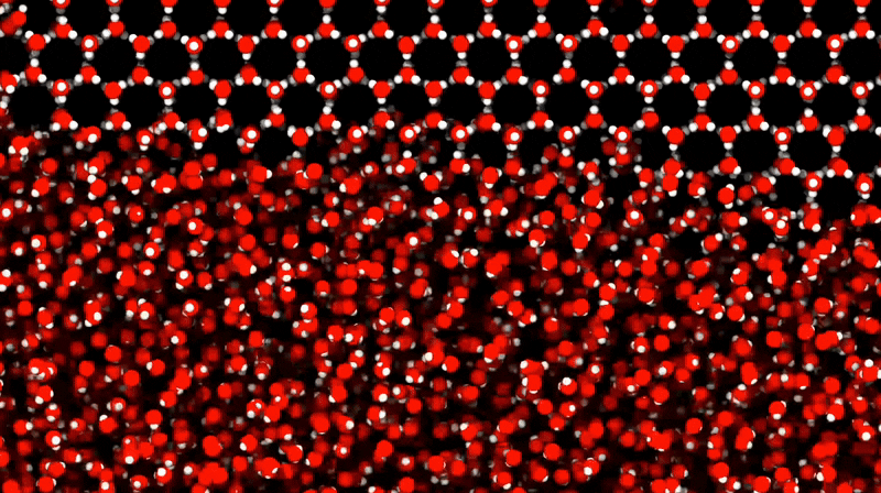 GIF animation of 3d water molecules turning into ice crystals