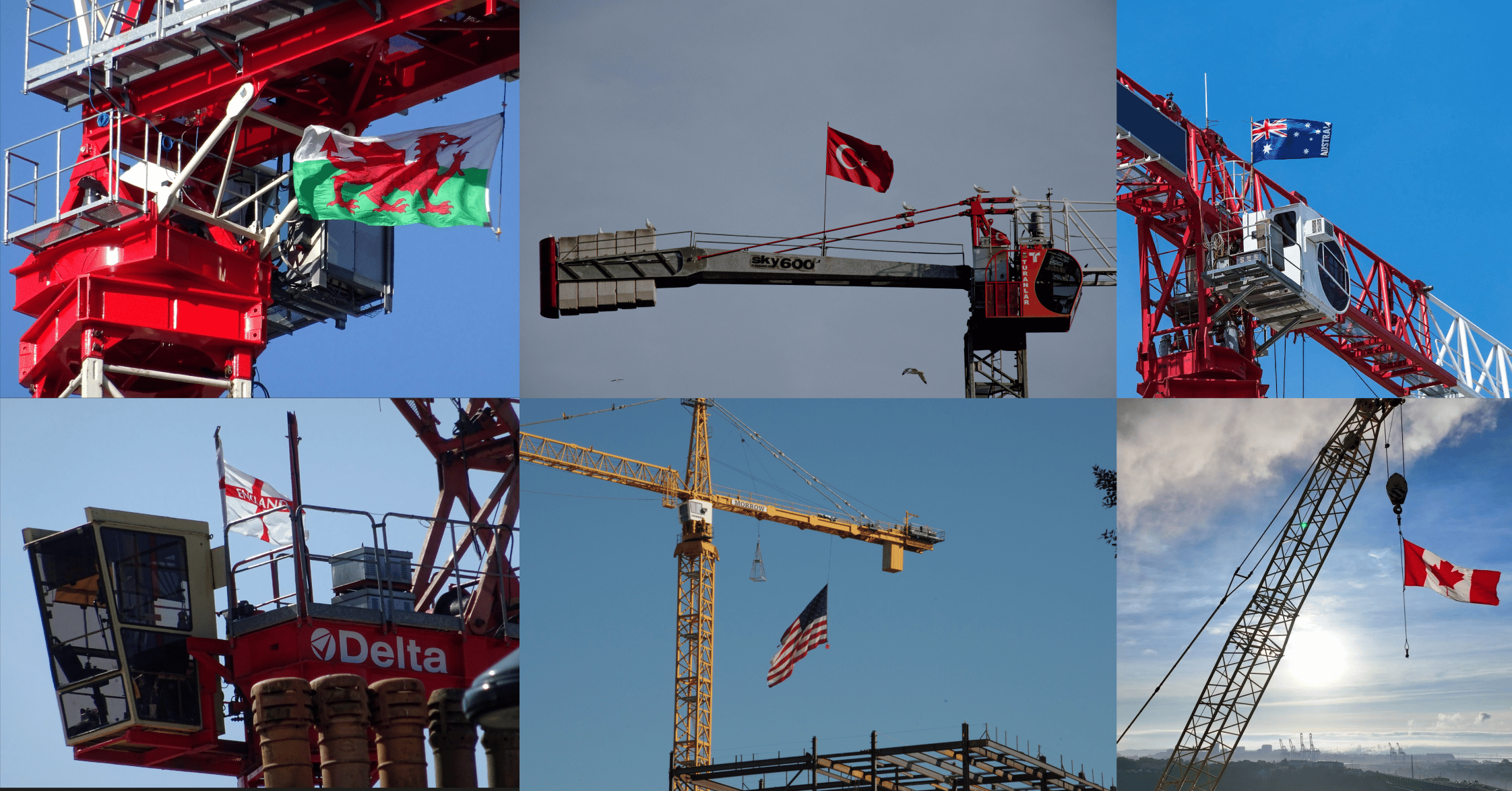 Grid of six pictures of Welsh, Turkish, New Zealand, English, American, and Canadian flags flown from tower construction cranes. 
