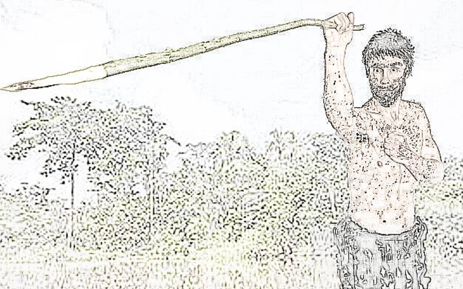 Illustration of an early human holding a spear with his right hand and protecting his heart with his left hand