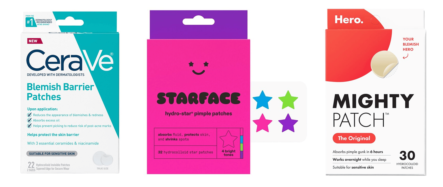 Image of three brands of pimple patches 
