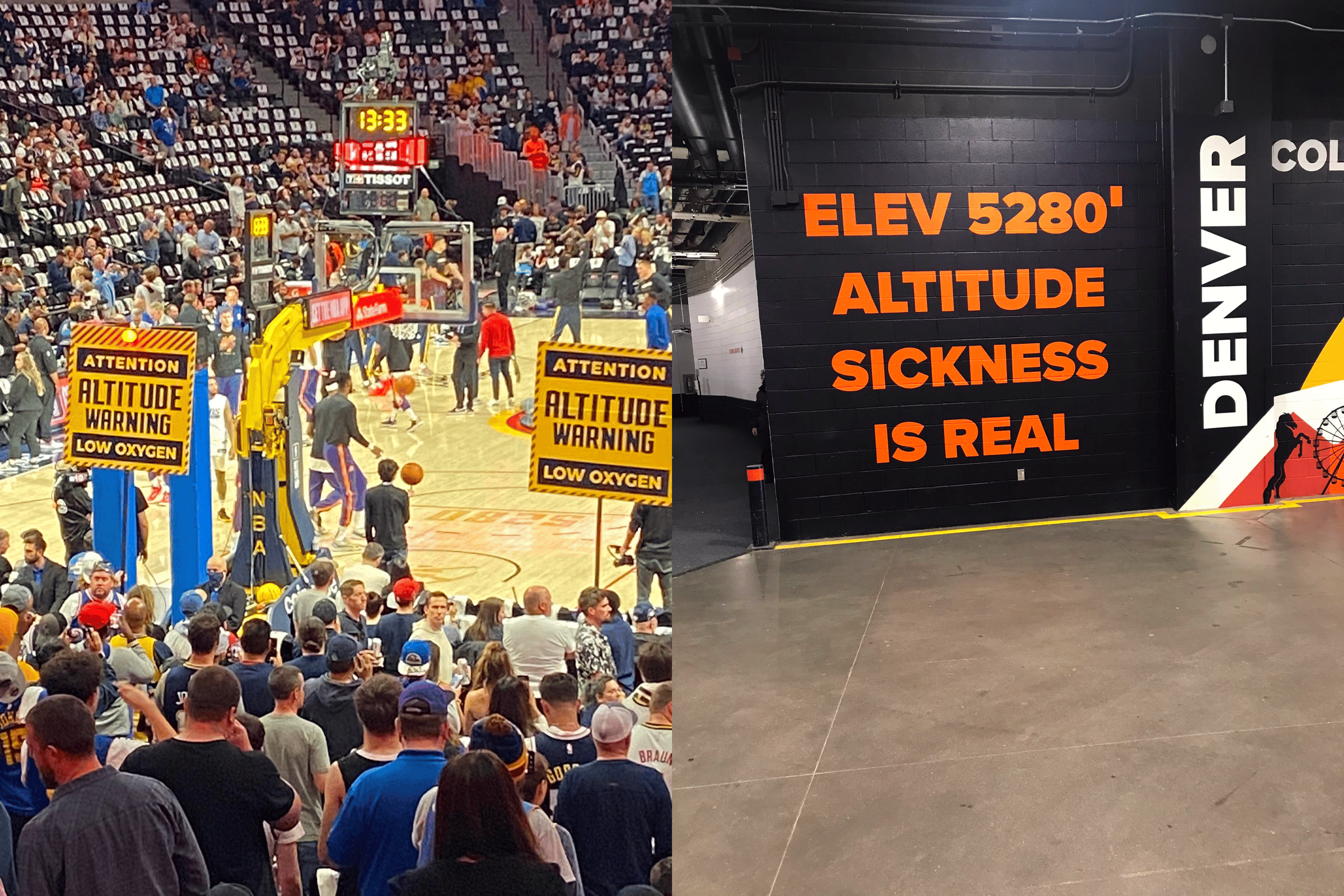 Split image: Left - Crowd signs at Denver basketball team saying "Attention: Altitude Warning Low Oxygen" | Right: Denver football stadium wall painted to read "Altitude sickness is real"